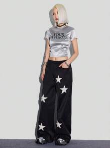 SHEIN EZwear Thêu Sao Khăn tắm quần ống rộng Lỏng lẻo Quần - màu đen - Xem 7