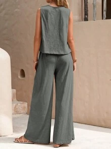 SHEIN LUNE Solid Color Casual Vest And Loose Wide Leg Pants