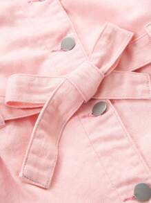 Tween Girl Denim Dress, New Arrival Casual Fashion Bubble Sleeve V Neck Washed Denim Dress - Pink - View 4