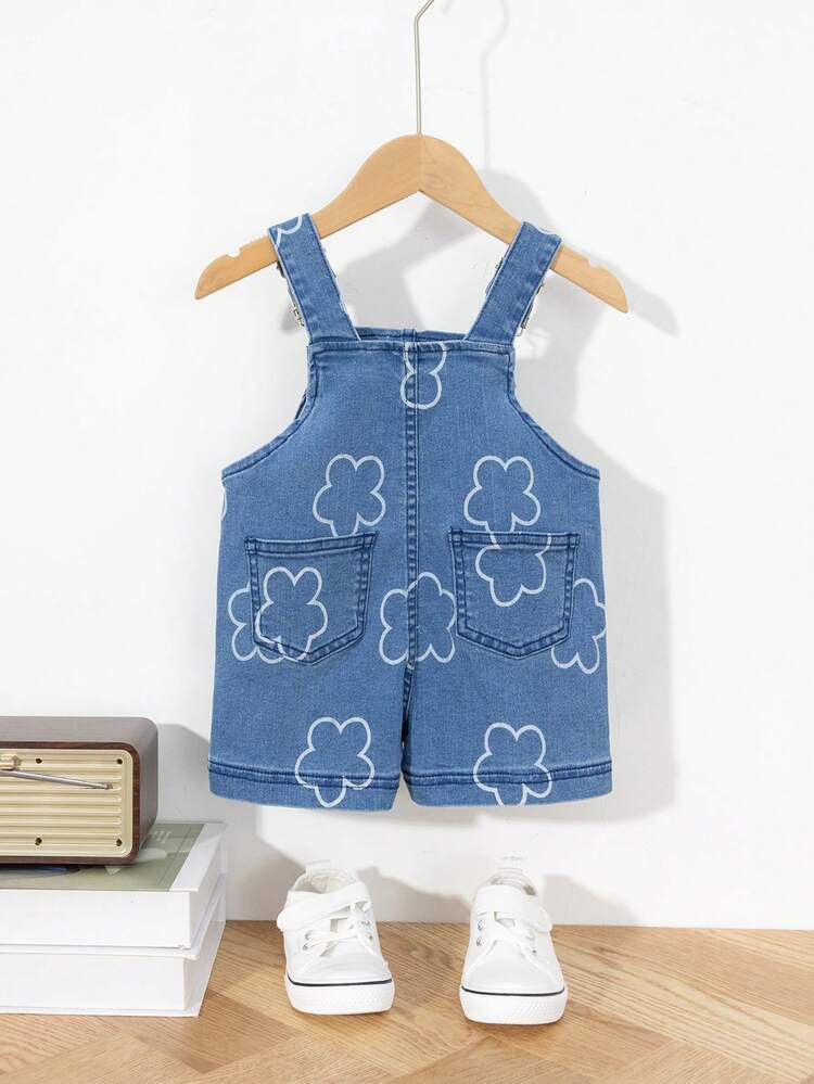 New Arrival Baby Girl's Casual Fashionable Floral Print Denim Overalls, Enzyme Wash