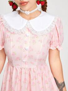 ROMWE Kawaii 夏季甜美拼布彼得潘领泡泡袖碎花连衣裙