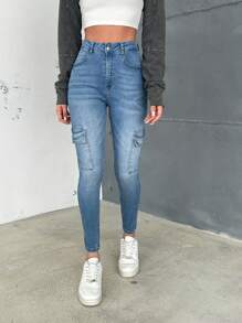 RueChic Women's Workwear Pockets Light Washed Denim Rolled Up Hem Skinny Jeans - Light Wash - View 4