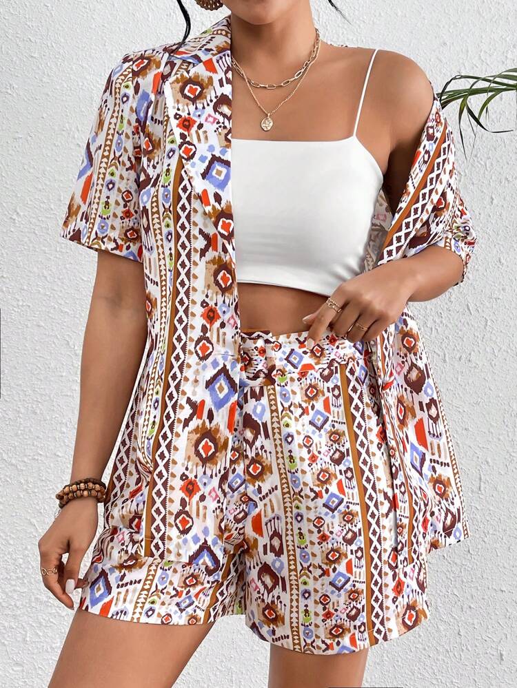 Bohemian Geometric Printed Casual Blazer With Lapel Collar And Shorts Set
