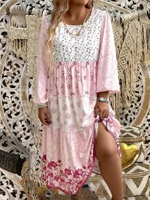 SHEIN Clasi 大尺碼花卉印花燈籠袖荷葉邊鬆緊裙洋裝 - 淺粉色 - 查看 1