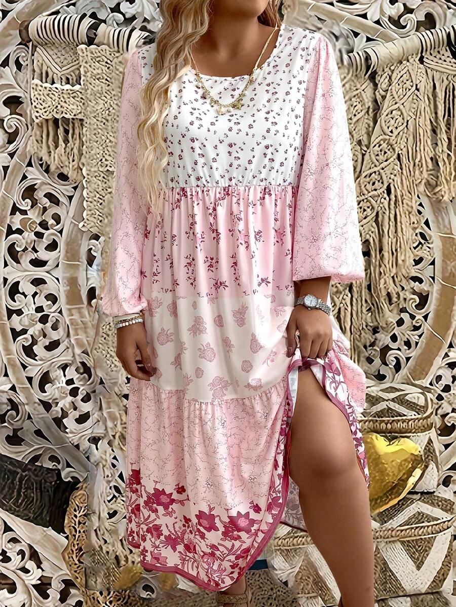 SHEIN Clasi 大尺碼花卉印花燈籠袖荷葉邊鬆緊裙洋裝 - 淺粉色 - 查看 1