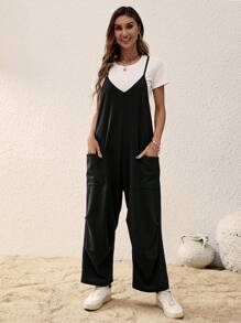 SHEIN LUNE Mùa Xuân Đen Đã bỏ túi Của phụ nữ Áo liền quần Với Dây đai - màu đen - Xem 5
