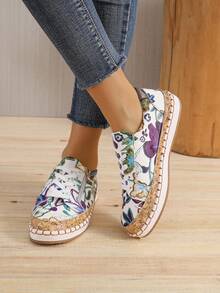 Của phụ nữ Đúng mốt Chóp giầy tròn Kích thước Lớn In hoa Lace-up Khối màu Thoải mái Giày đế bằng - Màu tím - Xem 5