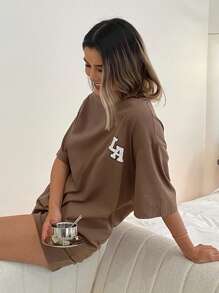 Livesso Conjunto de ropa informal de verano con top holgado y pantalones cortos con estampado de letras