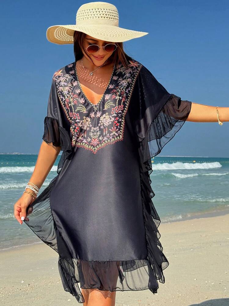 Ladies' Floral Plant Printed Overlapping Ruffle Trim Cover Up Top, For Summer, Beach, Vacation