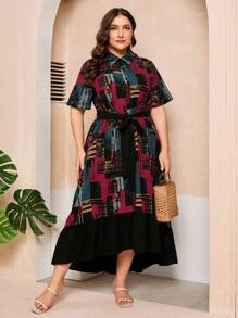 Mulvari Plus Size Women's Printed Shirt Dress With Patchwork Design - Multicolor - View 1