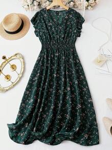 SHEIN LUNE Plus Size Boho Ditsy Floral Print Butterfly Sleeve Dress Women Outfit - Dark Green - View 1