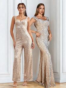 Allurite Women's Mermaid Glitter Dress With Sweetheart Neckline - Champagne - View 3