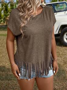 EMERY ROSE Plus Size Casual T-Shirt With Tassel Hem - Coffee Brown - View 3