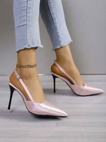 Fashionable Pink Satin Sandals For Women With Pointed Toe, Ankle Buckle Strap, Stiletto Heels, And Hollow Design At The Back