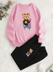 SHEIN 女式熊圖案印花圓領長袖運動連帽衣和運動長褲套裝 - 粉色 - 查看 4