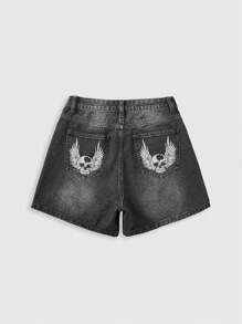 ROMWE Fairycore Quần short denim nữ Nút Túi Dây kéo Lễ Các Thánh - Màu xám đen - Xem 1