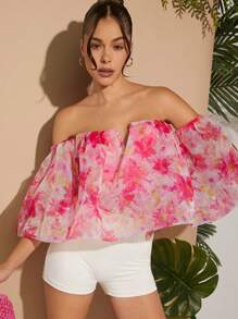 L'Amorae Off Shoulder Floral Organza Top - Pink - View 1