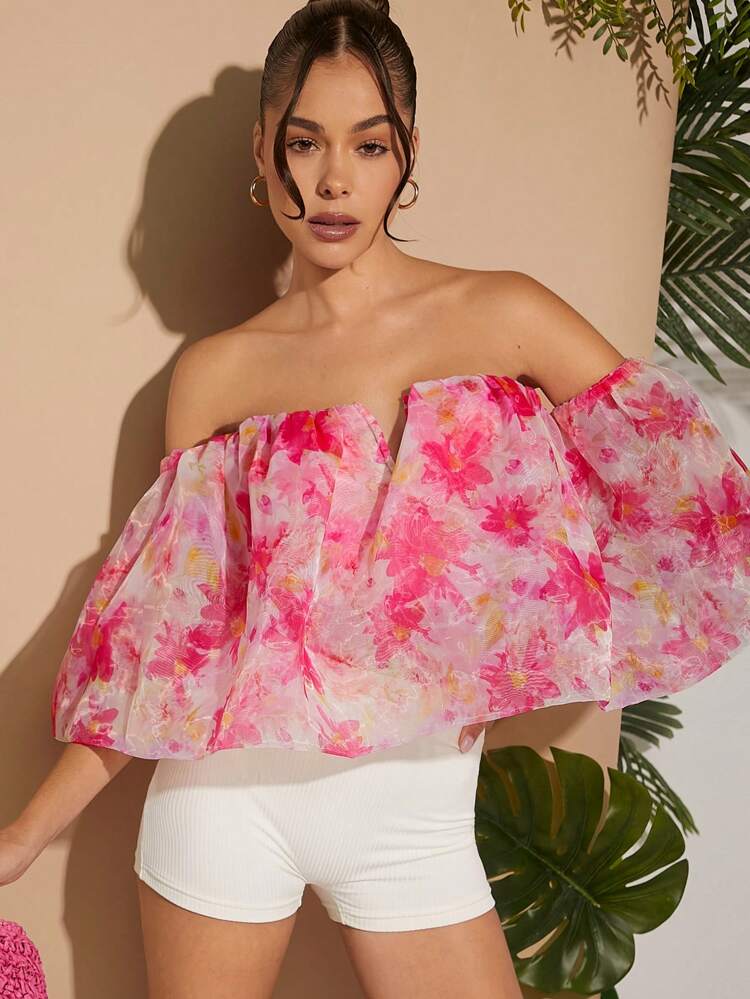 Off Shoulder Floral Organza Top