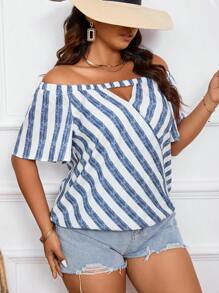 SHEIN Frenchy Kích thước lớn Của phụ nữ Sọc Off-shoulder Ngắn tay Áo sơ mi - Xanh và trắng - Xem 1
