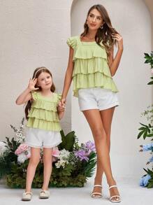 SHEIN Young Girl's Elegant Multilayer Ruffle Buttoned Shirt With Square Neckline - Green - View 1