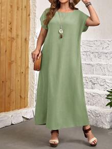 EMERY ROSE Plus Size Casual Round Neck Short Sleeve Dress - Green - View 1