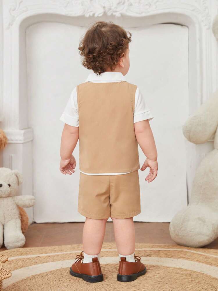 Baby Boys' Casual Short Sleeve Shirt, Button Vest And Solid Shorts Set