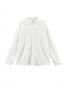 女士落肩长袖单排扣休闲宽松纯色纹理衬衫