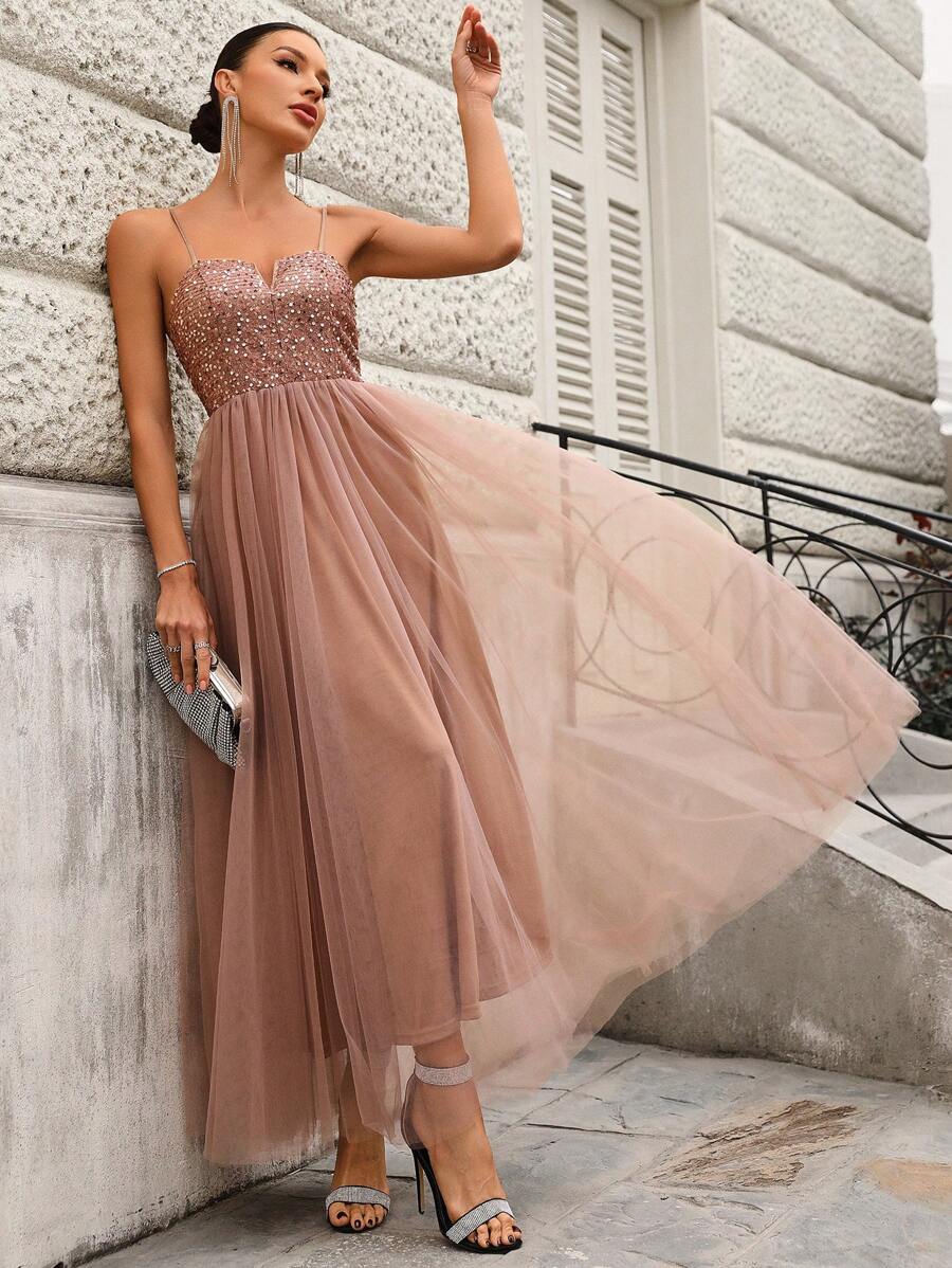 SHEIN Belle Elegant Bridesmaid Dress With Sequins Cutout Neckline Formal Evening Prom Wedding Guest Gown, For Graduation, Dinner - Champagne - View 1