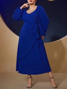 Modelyn 大码女式纯色灯笼袖心形领口连衣裙长款晚礼服 - 藍色 - 查看 1