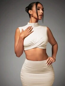 SHEIN BAE Conjunto De Dos Piezas Con Detalle De Volantes En El Cuello Medio Alto Para Mujer, Para La Fiesta De Víspera De Año Nuevo