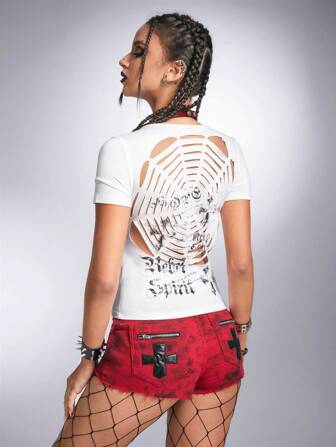 Grunge Punk T-shirt A Tinta Unita Sottile Con Stampa A Leopardo Incrociato E Stampa Di Slogan Su Ragnatela A Maglia Per Il Festival Dello Stile Punk