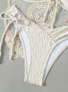 SHEIN Swim 纯色纹理露肩比基尼泳装套装夏季 - 白色 - 查看 3