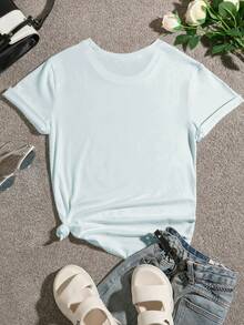 SHEIN Essnce Kích thước lớn Của phụ nữ con chuồn chuồn In Ngắn tay Áo thun - Màu xanh nhạt - Xem 2