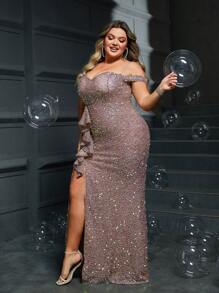 大碼挖肩荷葉邊高衩亮片舞會洋裝 - 杏色 - 查看 5