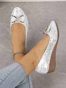 Giày Cao Gót & Đế Xuồng Nữ Trang Trí Thắt Nơ, Đế Mềm Thoải Mái, Chống Mệt Mỏi, Đi Làm, Đen - trắng - Xem 4