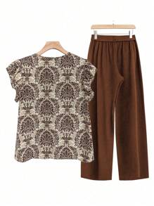 EMERY ROSE Plus Size Women's Plant Printed Round Neck Flutter Sleeve Top And Pants Set - Brown - View 2