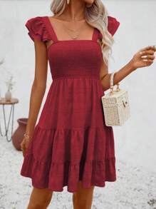 Chiquease Solid Color Wrap Square Neckline Dress With Ruffle Hem Burgundy Color Women Outfit - Burgundy - View 4