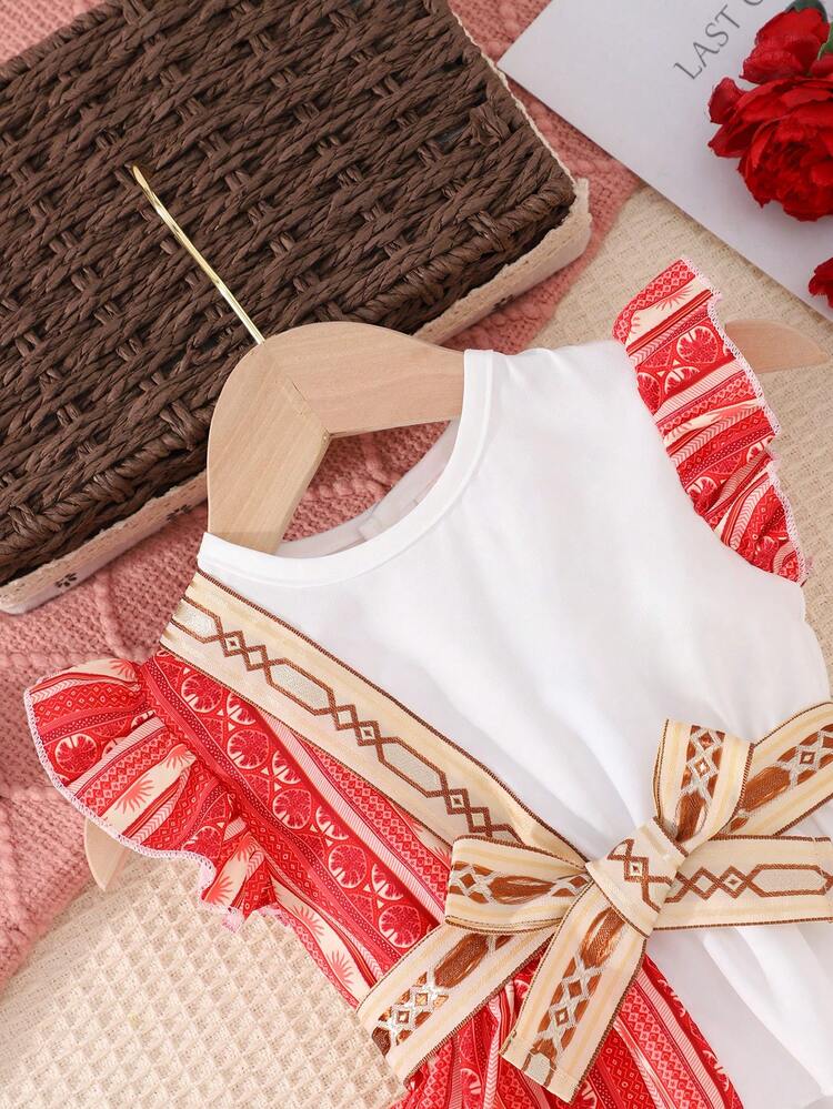 Summer Newborn Baby Girls' Bohemian Style Geometric Printed Patchwork Dress With Flutter Sleeves