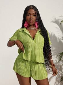 Slaydiva Holiday Style Tuck Detail Stripe Shirt And Shorts Set For Women - Green - View 6