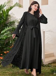 Al Najma Solid Color Modest Long Sleeve Arabian Dress And Jacquard Front Open Abaya, Fashion Robe Abaya For Casual/Festival/Gathering/Travel
