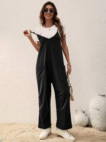 SHEIN LUNE Mùa Xuân Đen Đã bỏ túi Của phụ nữ Áo liền quần Với Dây đai - màu đen - Xem 4