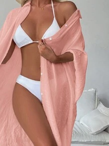 SHEIN Swim 女士夏季海灘單排釦寬袖和服 - 粉色 - 查看 3