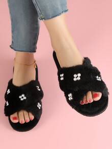 Furry Slippers Open Toe Women's Indoor House Slippers Soft & Warm For All Seasons - Black - View 6