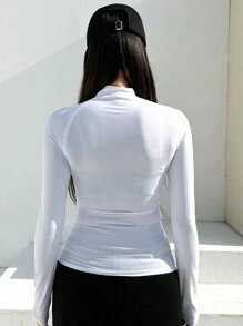 DAZY 女式纯色立领拉链开襟长插肩袖T恤长袖女式上衣 - 白色 - 查看 5