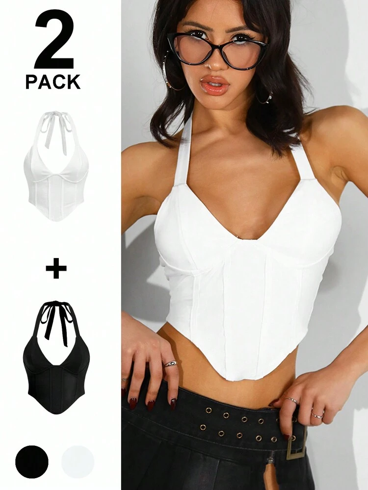 2pcs Y2k Clothes Solid Color Asymmetric Hem Bustier Halter Top