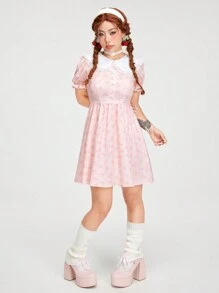 ROMWE Kawaii 夏季甜美拼布彼得潘领泡泡袖碎花连衣裙