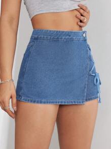 SHEIN ICON 女士十字交叉綁帶不對稱襬牛仔短裙褲 - 中等水洗藍 - 查看 5