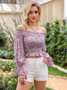 GENKIRA Ladies' Short Cropped Shirt With Off Shoulder Ruffle And Ditsy Floral Print - Multicolor - View 3
