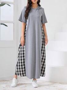 Seusyu 女式格紋拼接束口連帽裙 - 灰色 - 查看 5