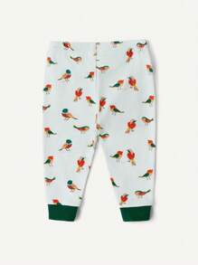 Cozy Pixies Conjunto de pijama para bebé niño con parte superior de cuello redondo de manga corta y estampado de pájaro de dibujos animados, y pantalones - Verde - Ver 3